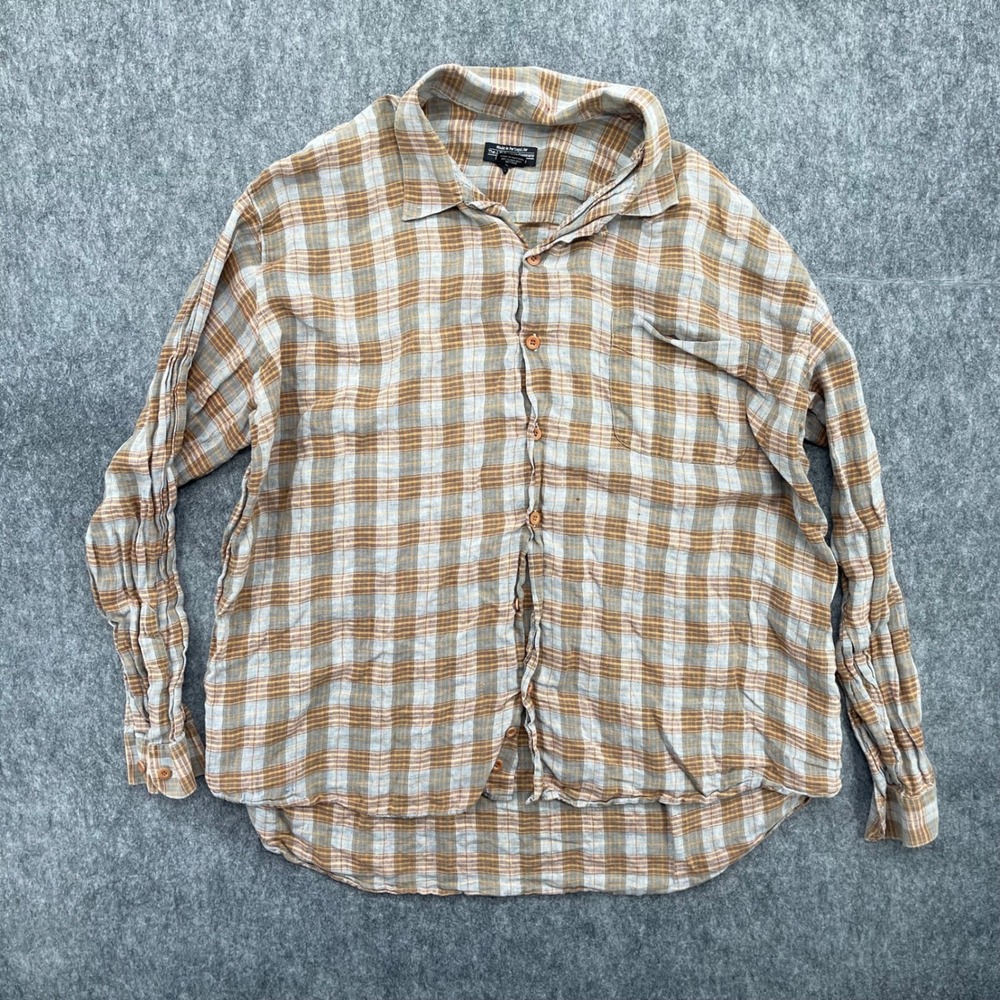 J. Peterman Company Shirt Mens XL Plaid Linen Button Down Brown Tan Portugal